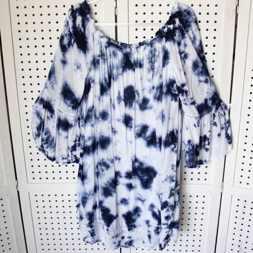 Knox Rose‎ Womens SIZE XXL Blue White Tie Dye Long Sleeve Off the Shoulder Dress